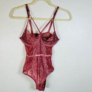 JUST SEXY LINGERIE Teddy Bodysuit Pink Lace Mesh Strappy Halter Size Small
